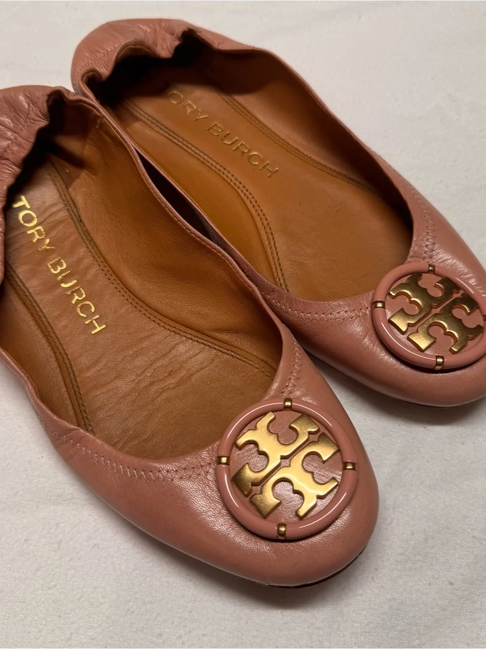 Tory Burch Mauve Pink Leather Logo Ballet Flats